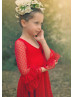 Long Bell Sleeves Red Heart Print Lace Cute Flower Girl Dress